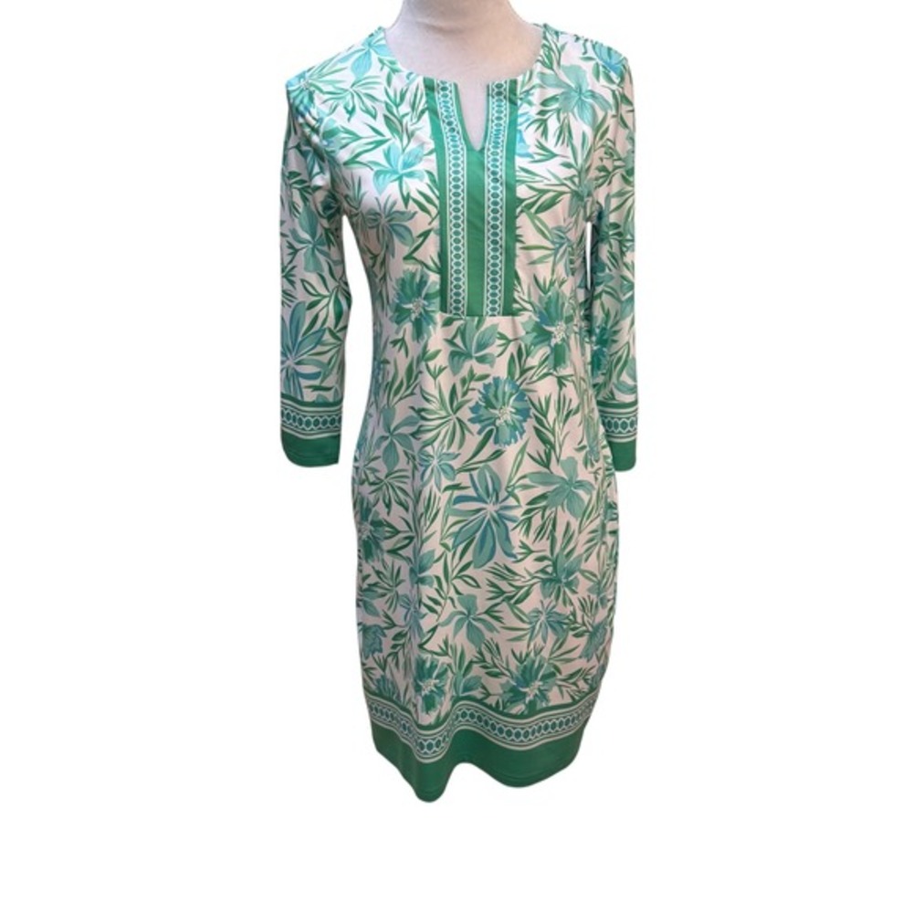 Tango Mango Floral Shift Dress Green‎ White Split Neck 3/4 Sleeve Small